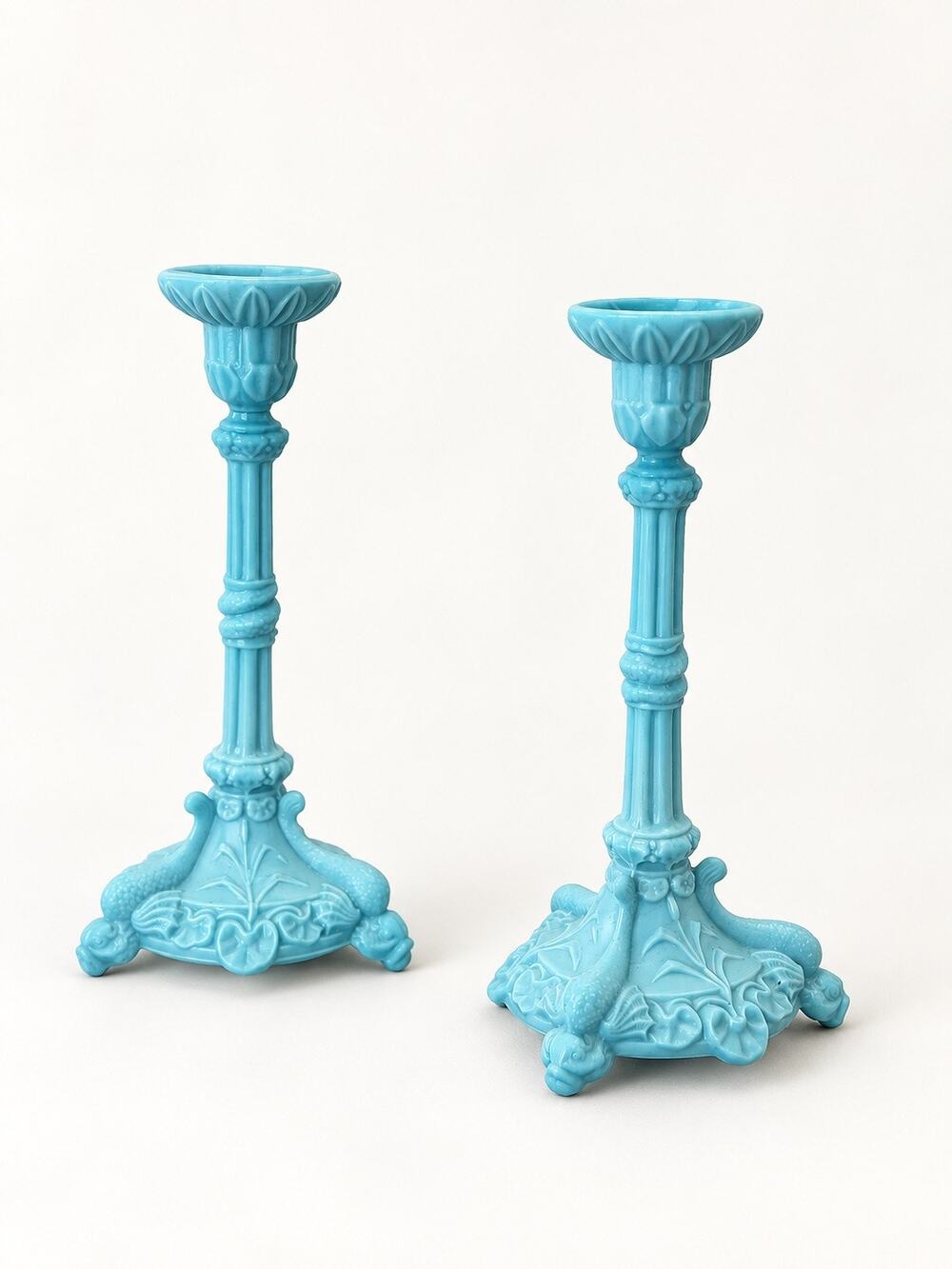 Pair Vintage Blue Milk Glass Dolphin
Candlesticks – Likely Westmoreland